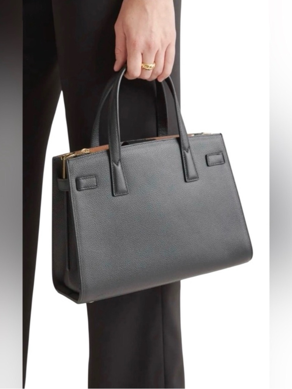 Quince Italian Leather Small Triple Compartment Tote Black